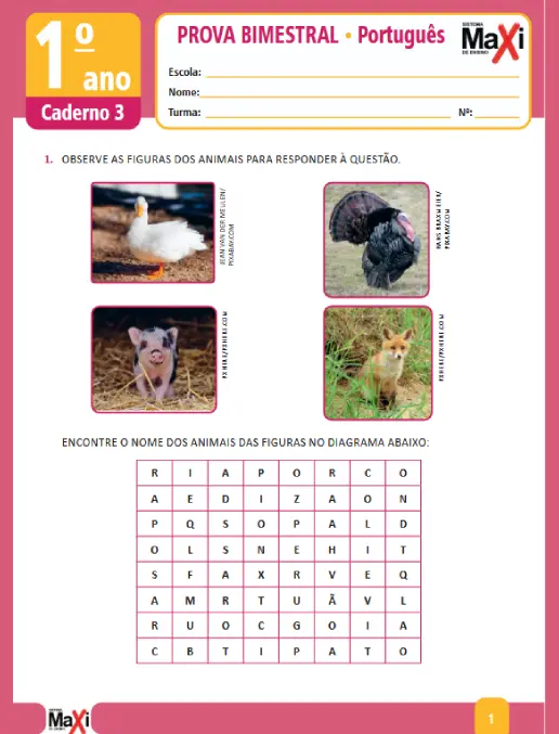 Prova • L. Portuguesa 1º Ano Ens. Fundamental (caderno 3)