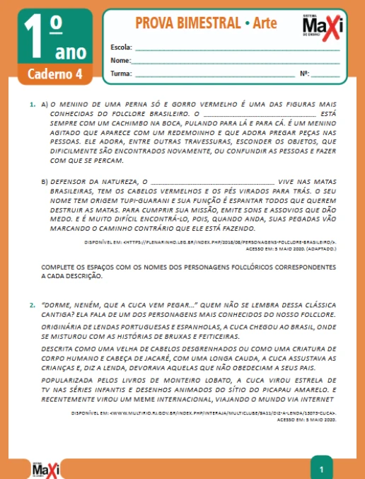 Prova • Arte – 1º ano caderno 4 – Ens Fund 1