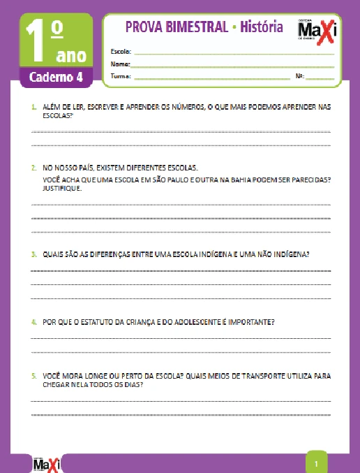 Prova • História - 1º ano caderno 4 – Ens Fund 1