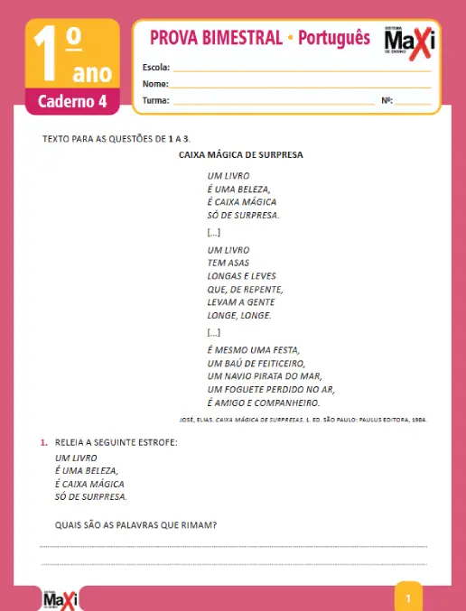 Prova • Português 1º Ano - caderno 4 Ens. Fundamental 1