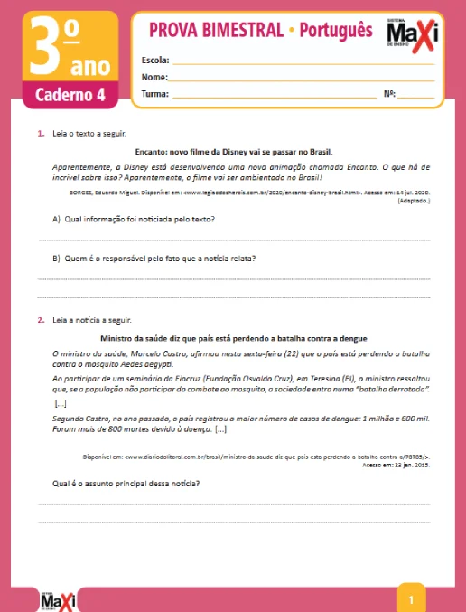 Prova • Português – 3º ano caderno 4 - Ens Fund 1