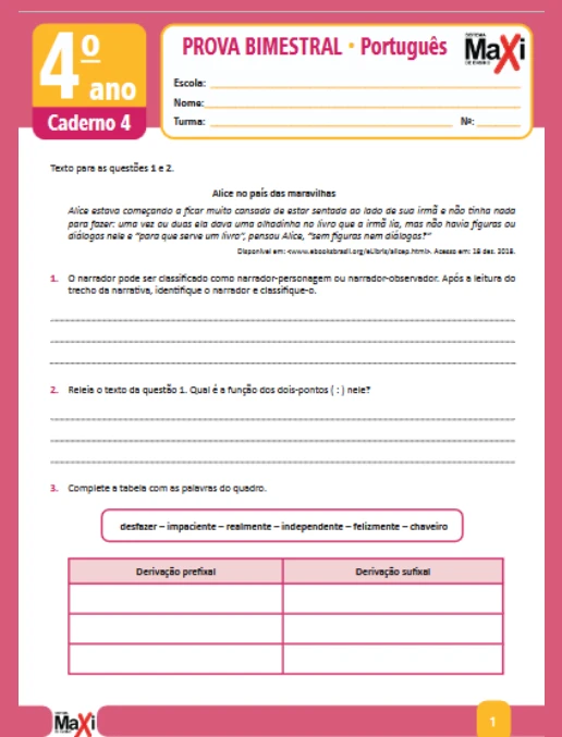 Prova • Língua Portuguesa 4º Ano (caderno 4)