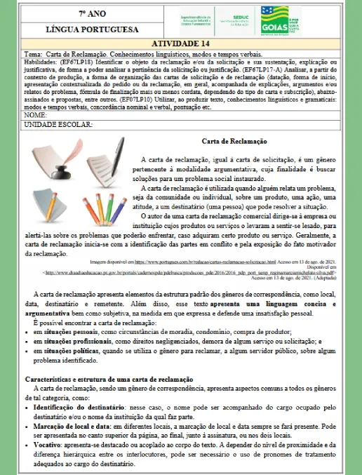 Atividade • Carta de Reclamação Língua Portuguesa 7º ano (gabarito)