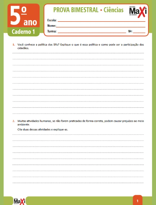 Prova • Ciências – 5º ano caderno 1 - Ens Fund 1