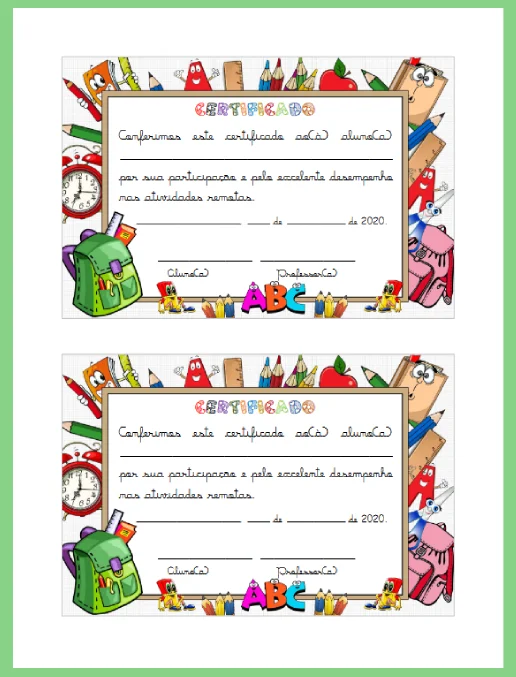 Certificado desempenho aluno - 1º ano