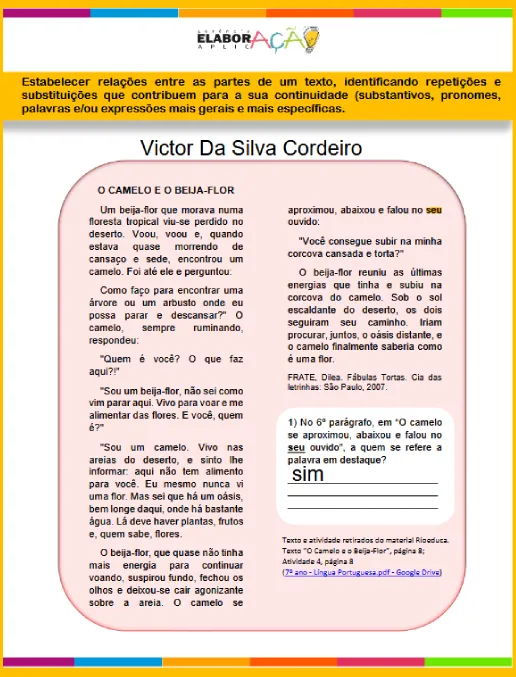 Estabelecer relações entre as partes de um texto LP -7º ano