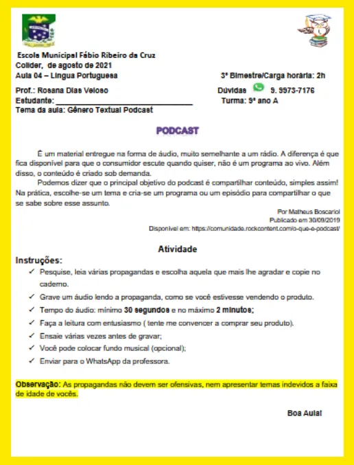 Atividade Língua Portuguesa 9º ano – Gênero Textual Podcast
