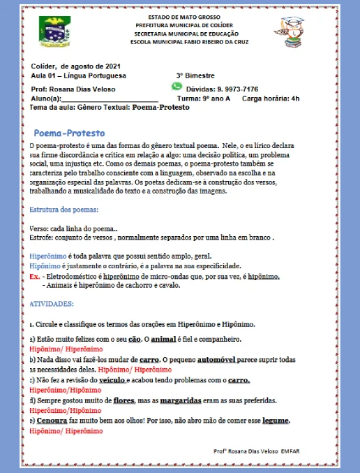 Atividade • Gênero Textual: Poema-Protesto 9º ano (gabarito)
