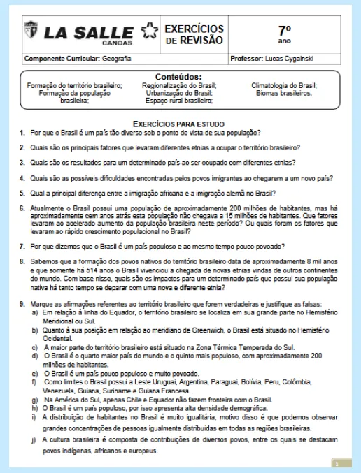 Exercício para Estudo - Geografia 7º ano