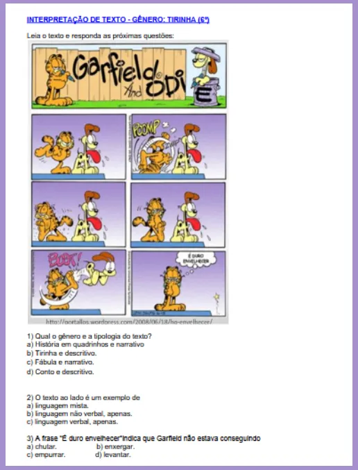 Atividades Tirinha • Interpretação de Texto - Garfield 6º ano (gabarito)