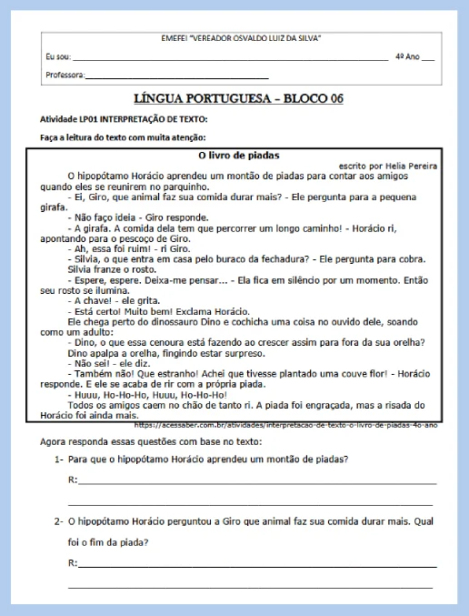 Atividade •Língua Portuguesa 4º ano (bloco 6)