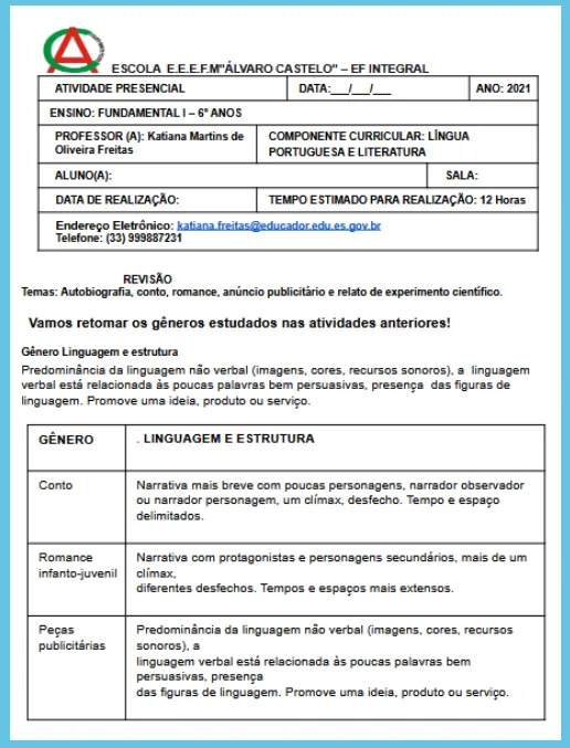 Atividade de Língua Portuguesa e Literatura II - 6º ano