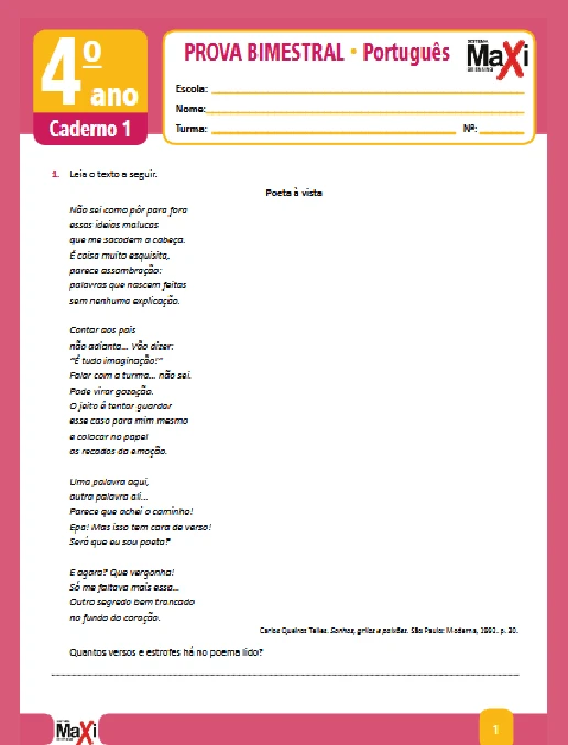 Prova • Língua Portuguesa 4º Ano (caderno 1)
