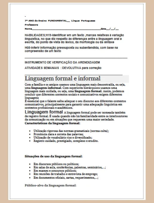 Atividade Linguagem Formal e Informal Língua Portugues 7º ano