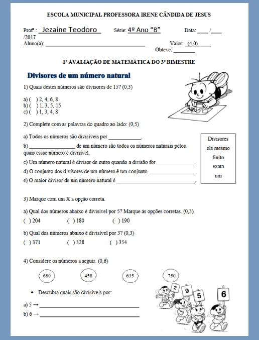 Avaliação - Matemática 4º ano Ens. Fundamental