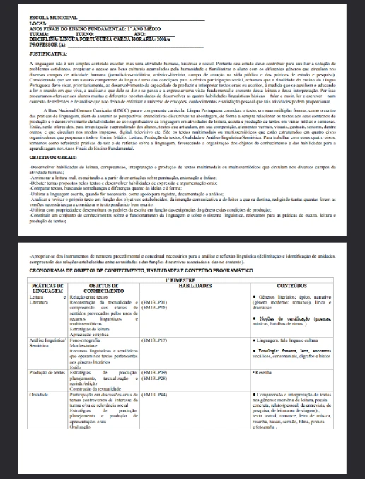 Plano de Curso – 1º Ano Ensino Médio