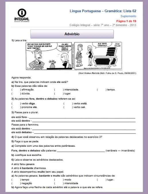 Atividade • Língua Portuguesa – Gramática 7º ano