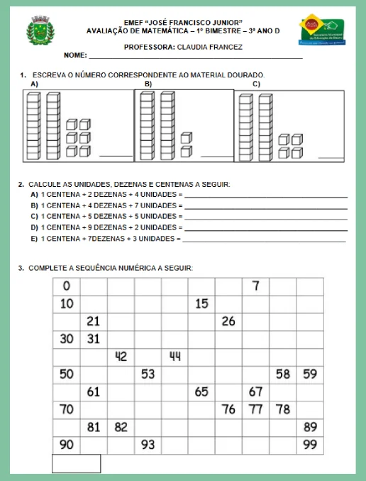 Avaliação de Matemátiva - 3º Ano Fundamental