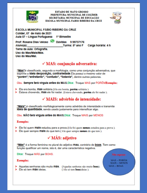 Atividade • Uso do Mas, Mais, Más, Mau, Mal - LP 8º Ano (gabarito)