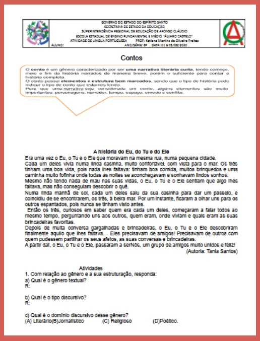 Atividade • Gênero Conto - A história do Eu, do Tu e do Ele - LP 6º ano