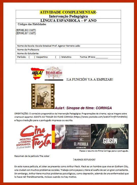 Atividade Língua Espanhola 9º ano – Cinema em espanhol