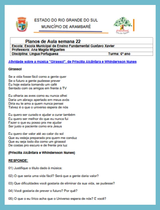 Atividade Música - Língua Portuguesa 6º ano