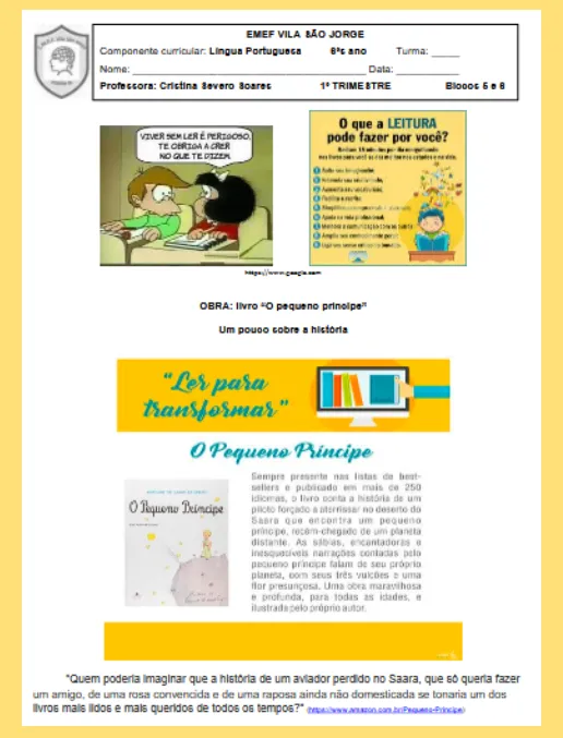 Atividade • Língua Portguesa 5º e 6º ano - O Pequeno Principe