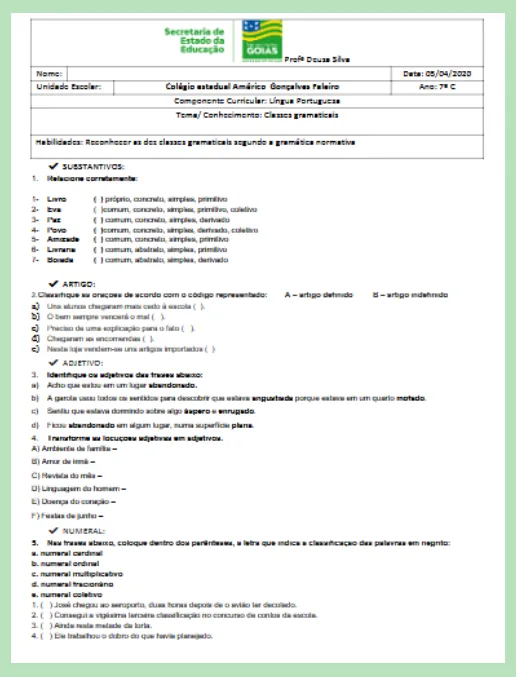 Exercício Avaliativo • Classes Gramaticais - Língua Portuguesa 7º ano
