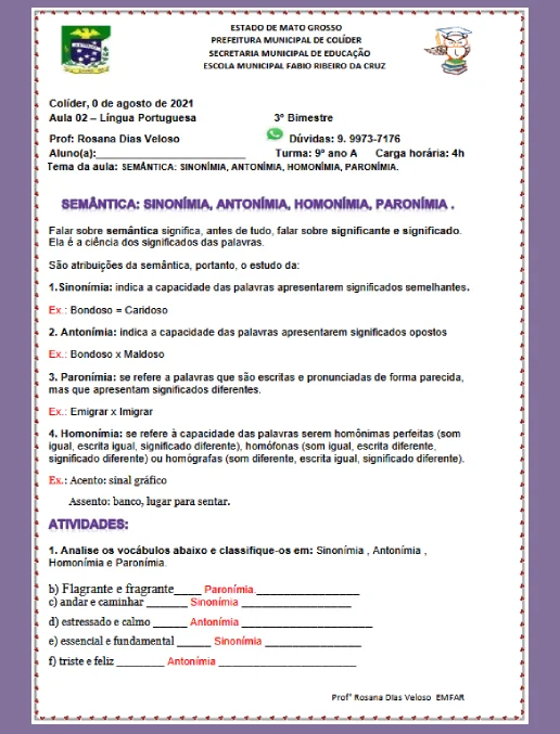 Atividade Língua Portuguesa 9º ano - Semântica (gabarito)