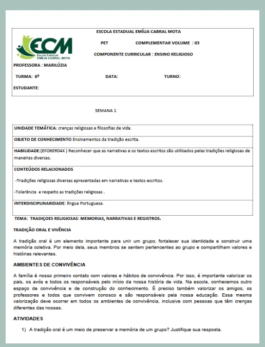 Ensino Religioso - Crenças Religiosas e Filosofias de Vida 6º ano