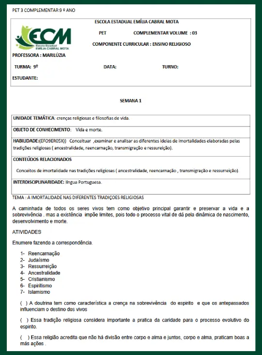 Atividade - Ensino Religioso - Interdisciplinar 9º ano