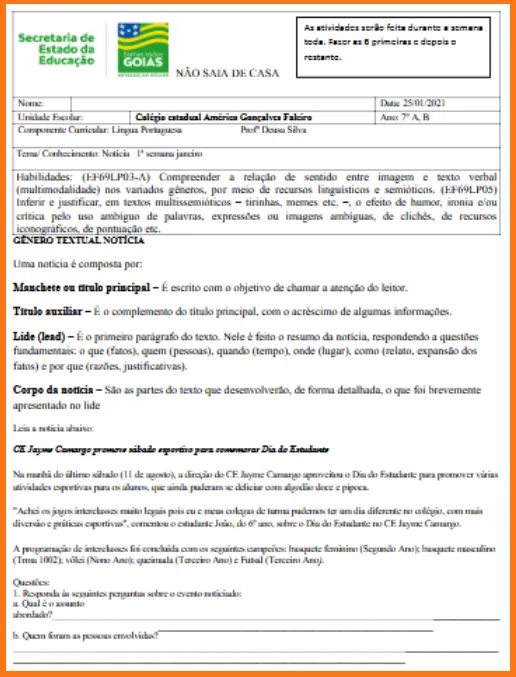 Atividade • Gênero Textual Notícia -  Língua Portuguesa 7º ano
