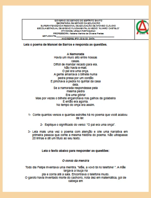Atividade Gêneros Textuais Pema e Conto LP 6º ano