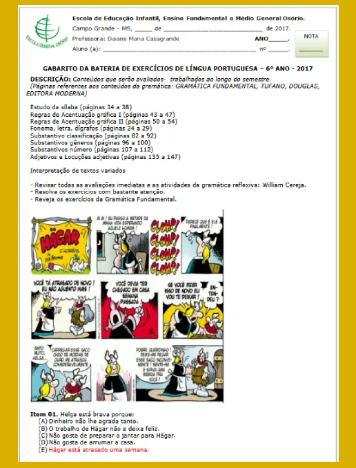 Bateria de Exercícios - Língua Portuguesa 6º ano (gabarito)