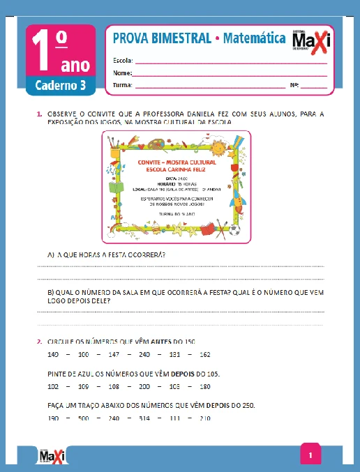 Prova • Matemática – 1º ano caderno 3 – Ens Fund 1