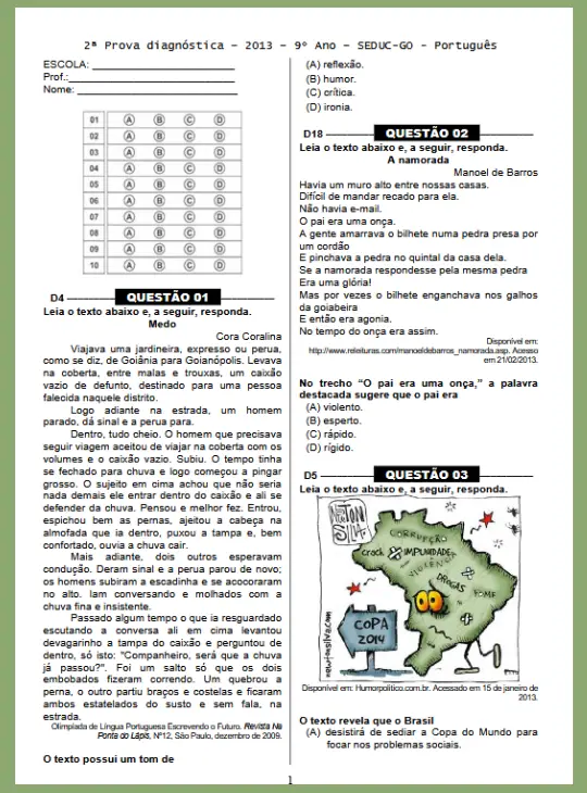 Prova Diagnóstica IV • Língua Portuguesa 9º ano