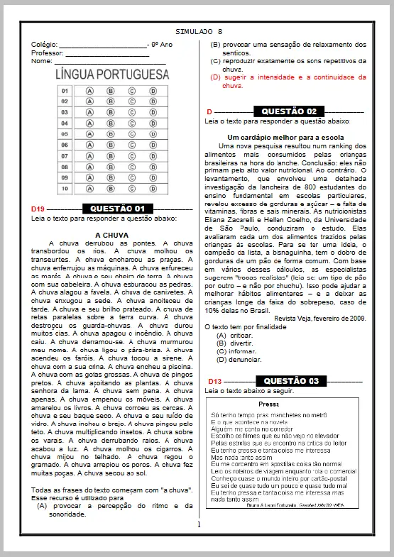 Simulado 8 • Língua Portuguesa 9º ano – E.F. II