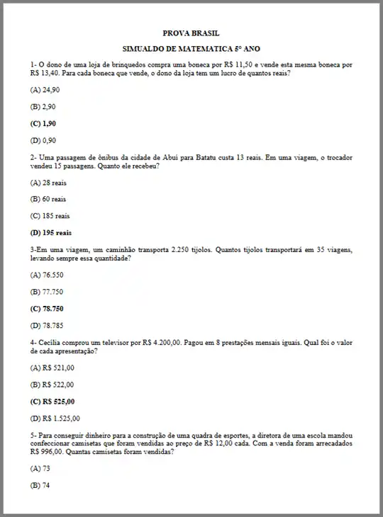 Prova Brasil • Simulado Matemática 5º ano EF – parte 3 (gabarito)