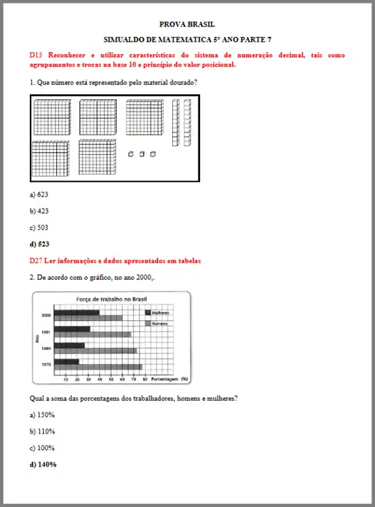 Prova Brasil • Simulado Matemática 5º ano EF – parte 7 (gabarito)