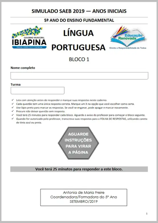 Simulado Saeb 2019 – Língua Portuguesa 5º ano