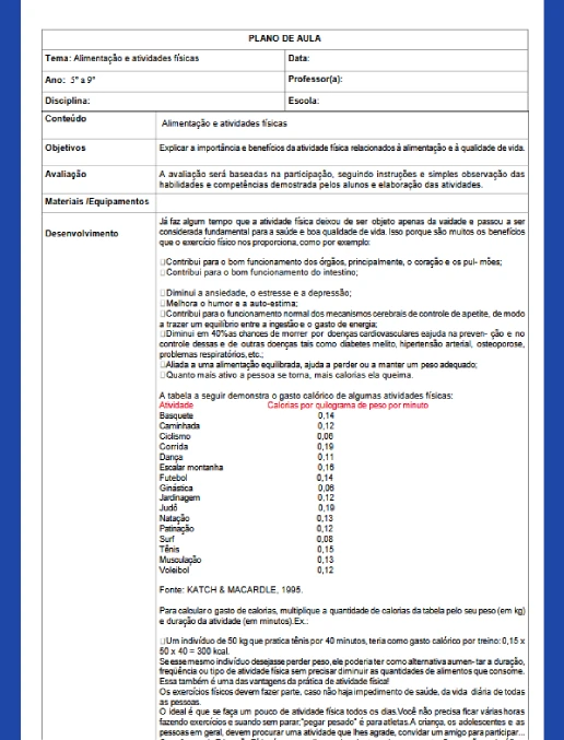 Projeto Alimentação – Plano Aula 17 – Alimentação e Atividades Físicas