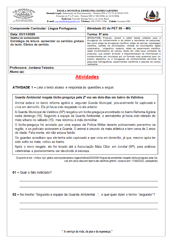Atividades 03 Português-Inglês 9ºano