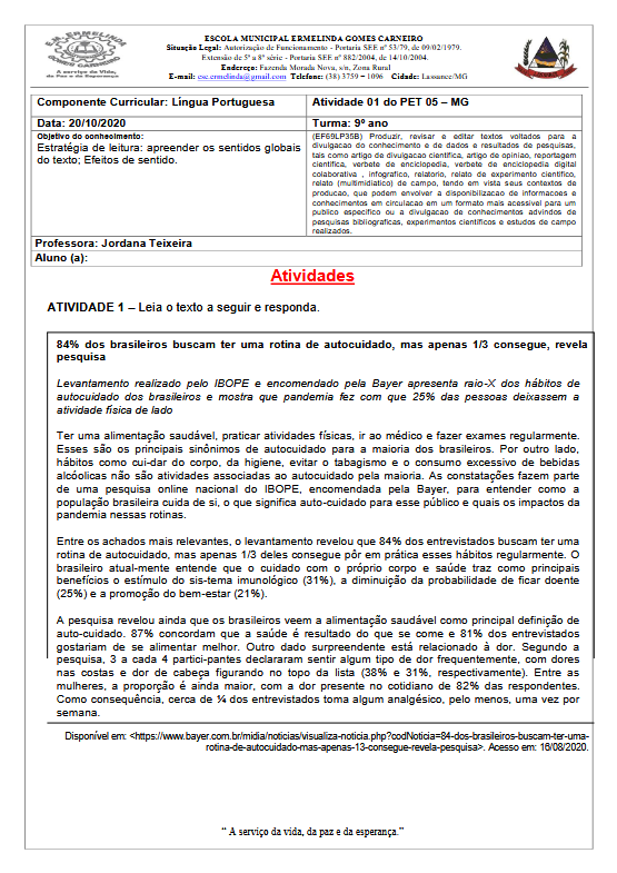 Atividades 01 Português-Inglês 9º ano EF