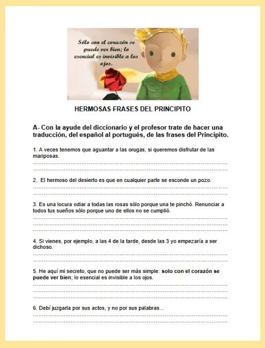Espanhol Atividade • El Principito - Hermosas frases