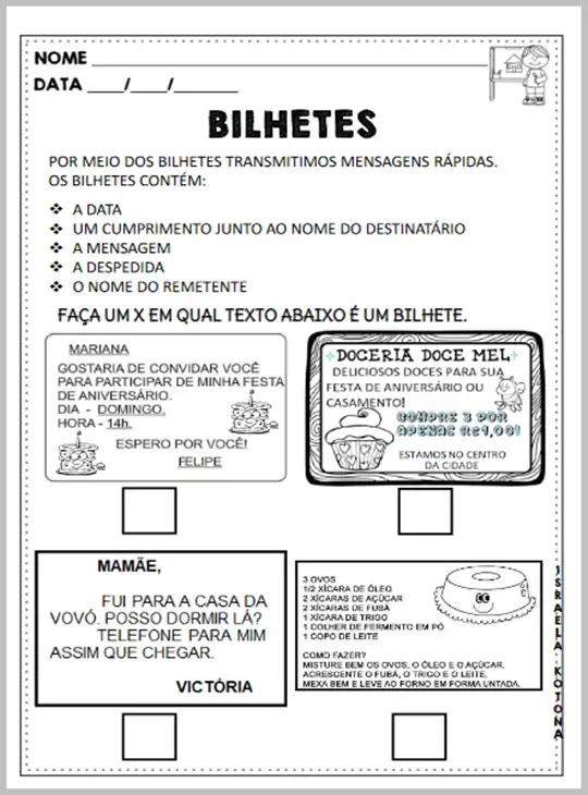 Atividades • Bilhetes - 3º ano EF1