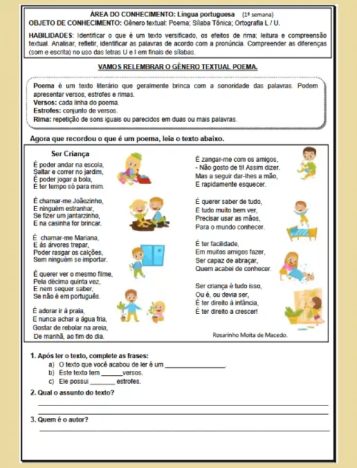 Atividade • Gênero Textual - Poema Ser Criança