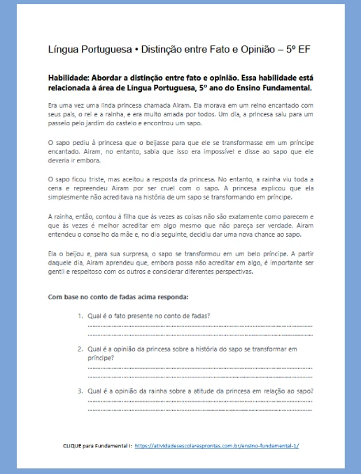 Língua Portuguesa • Distinção entre Fato e Opinião - 5º EF
