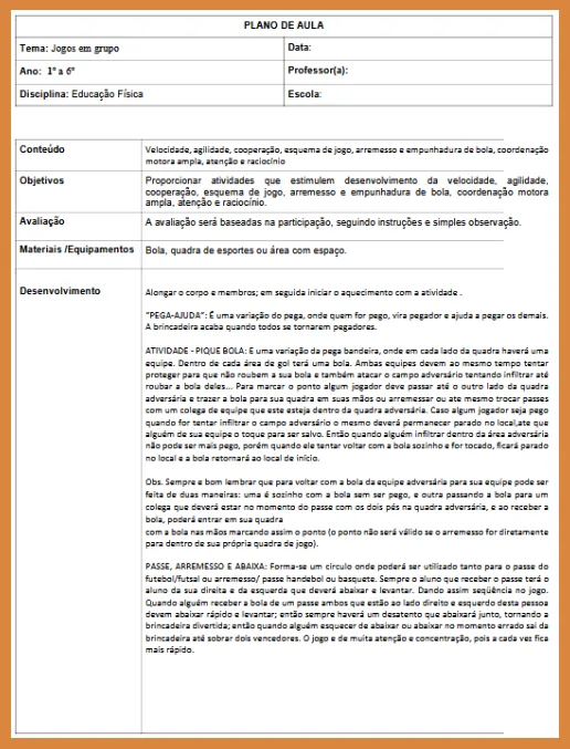 Plano de Aula Educação Física - Jogos em Grupo 4 - EF 1º a 6º ano