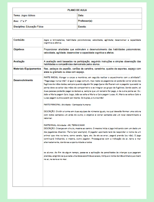 Plano de Aula • Ed Física – Jogos Lúdicos – EF 1º a 3º ano