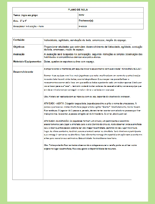 Plano de Aula • Ed Física – Jogos em Grupo 7 – EF 1º a 4º ano